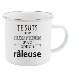 Mug Tasse Rétro en métal émaillé imprimé humour citation Je suis une coiffeuse avec option râleuse