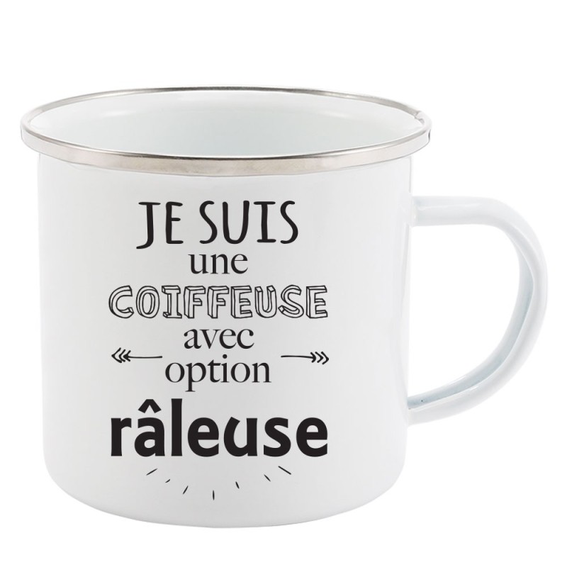 Mug Tasse Rétro en métal émaillé imprimé humour citation Je suis une coiffeuse avec option râleuse
