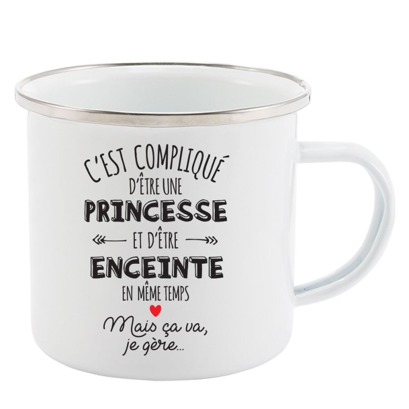 Mug Tasse Rétro en métal émaillé imprimé humour citation C'est compliqué d'être enceinte mais ça va je gère