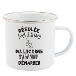 Mug Tasse Rétro en métal émaillé imprimé humour citation Désolée pour le retard ma licorne n'a pas voulu démarrer