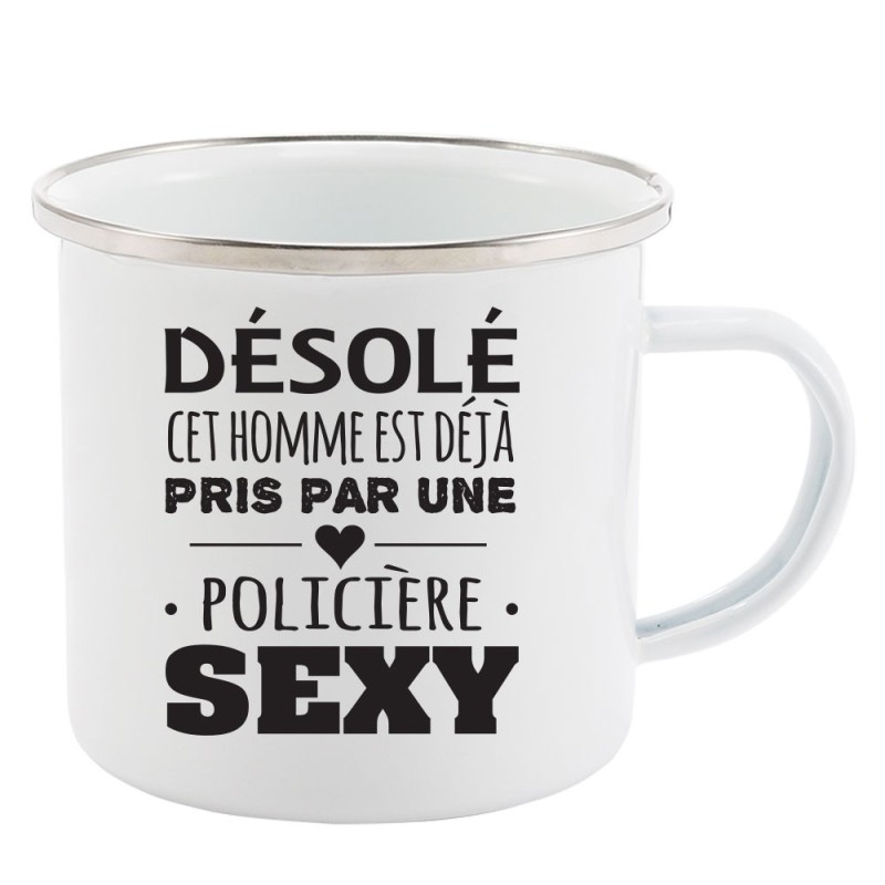 Mug Tasse Rétro en métal émaillé imprimé humour citation Désolé cet homme est déjà pris par une policière sexy