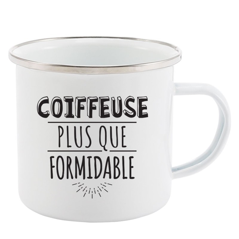 Mug Tasse Rétro en métal émaillé imprimé humour citation Coiffeuse plus que formidable
