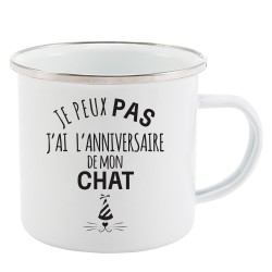Mug Tasse Rétro en métal émaillé imprimé humour citation Je peux pas j'ai l'anniversaire de mon chat