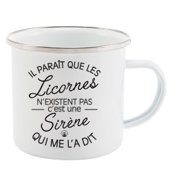 Mug Tasse Rétro en métal émaillé imprimé humour citation Il parait que les licornes n'existent pas