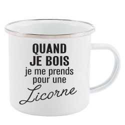 Mug Tasse Rétro en métal émaillé imprimé humour citation Quand je bois je me prends pour une licorne