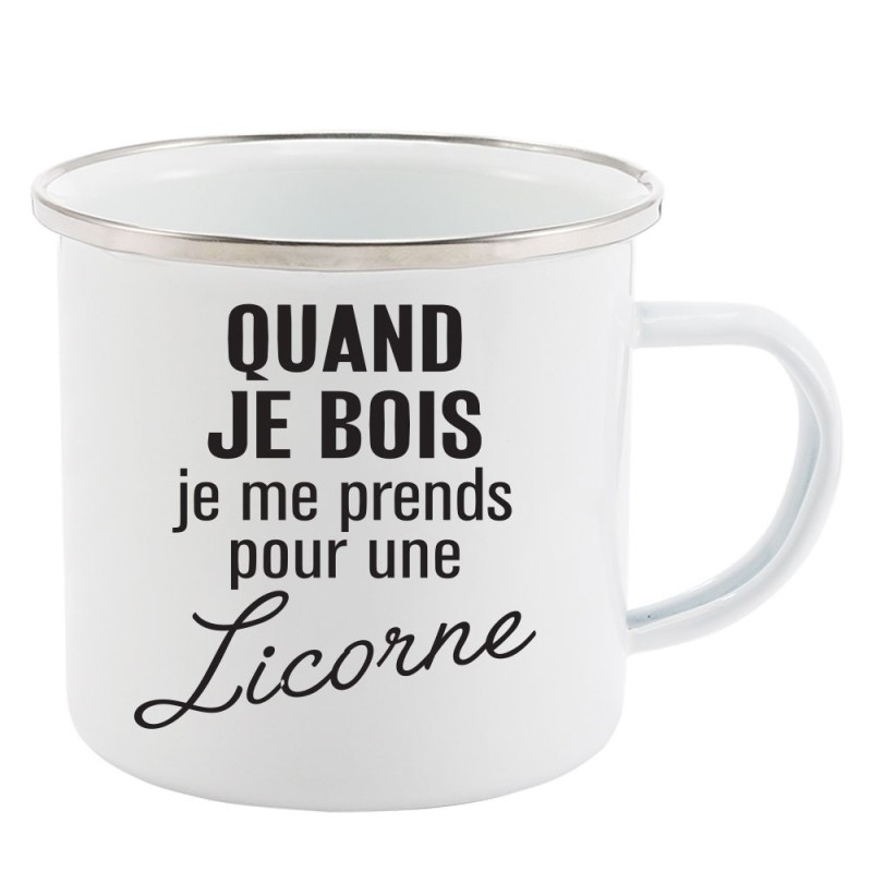 Mug Tasse Rétro en métal émaillé imprimé humour citation Quand je bois je me prends pour une licorne