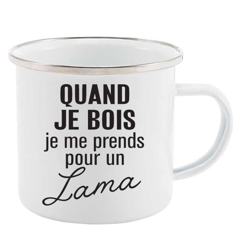 Mug Tasse Rétro en métal émaillé imprimé humour citation Quand je bois je me prends pour un lama