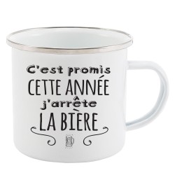Mug Tasse Rétro en métal émaillé imprimé humour citation C'est promis cette année j'arrête la bière