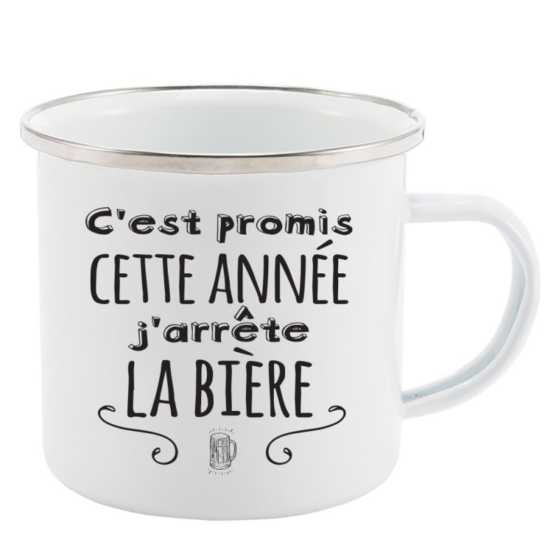 Mug Tasse Rétro en métal émaillé imprimé humour citation C'est promis cette année j'arrête la bière