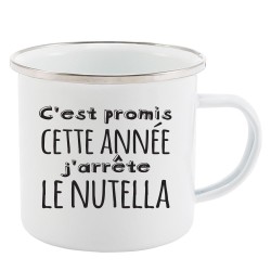 Mug Tasse Rétro en métal émaillé imprimé humour citation C'est promis cette année j'arrête le nutella