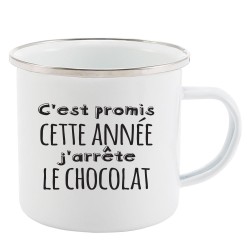Mug Tasse Rétro en métal émaillé imprimé humour citation C'est promis cette année j'arrête le nutella