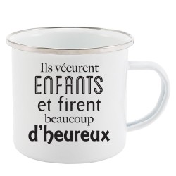 Mug Tasse Rétro en métal émaillé imprimé humour citation Ils vécurent enfants et firent beaucoup d'heureux