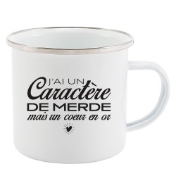 Mug Tasse Rétro en métal émaillé imprimé humour citation J'ai un caractere de merde mais un coeur en or
