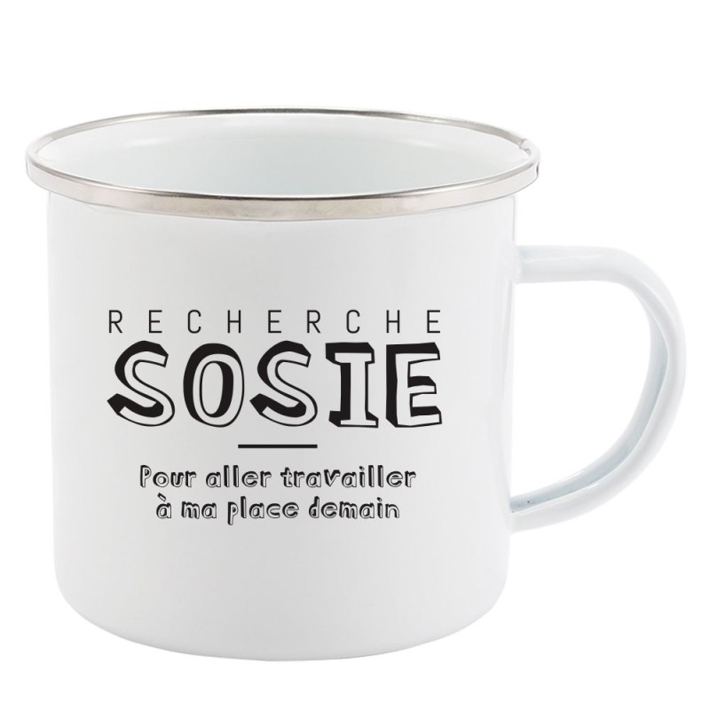 Mug Tasse Rétro en métal émaillé imprimé humour citation humour Recherche sosie pour aller travailler à ma place