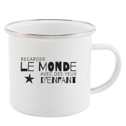 Mug Tasse Rétro en métal émaillé imprimé humour citation Regarder le monde avec des yeux d'enfant