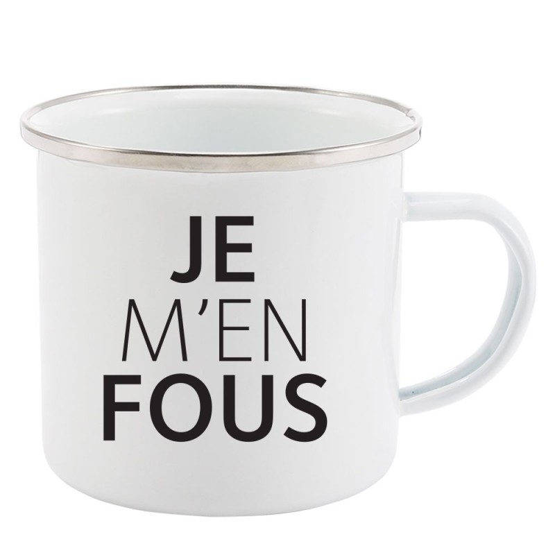 Mug Tasse Rétro en métal émaillé imprimé humour citation Je m'en fous
