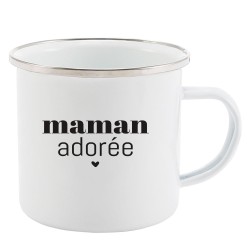 Mug Tasse Rétro en métal émaillé imprimé humour citation fête des mères Maman adorée