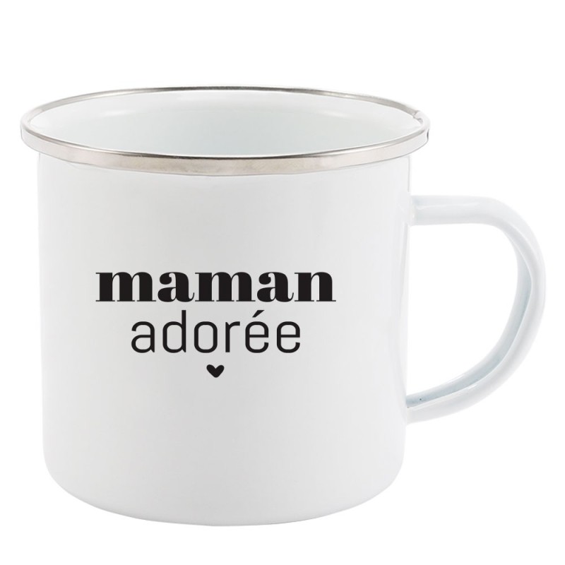 Mug Tasse Rétro en métal émaillé imprimé humour citation fête des mères Maman adorée