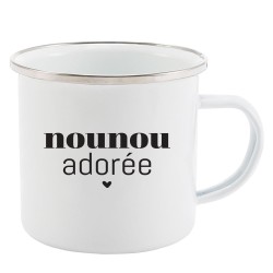 Mug Tasse Rétro en métal émaillé imprimé humour citation Nounou adorée
