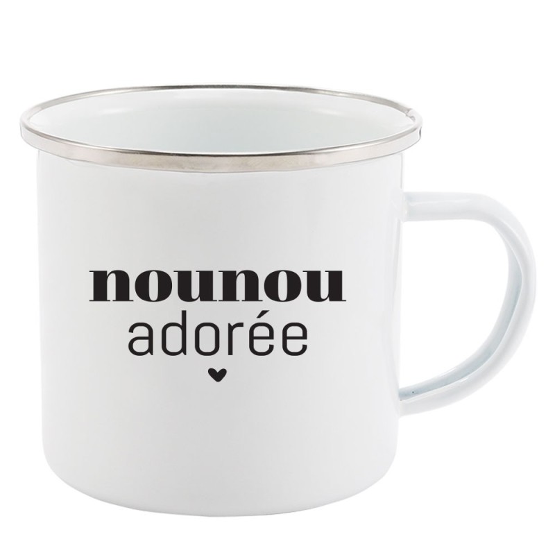 Mug Tasse Rétro en métal émaillé imprimé humour citation Nounou adorée