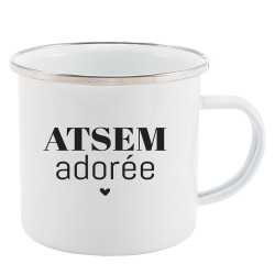 Mug Tasse Rétro en métal émaillé imprimé humour citation ATSEM adorée