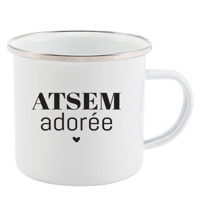 Mug Tasse Rétro en métal émaillé imprimé humour citation ATSEM adorée