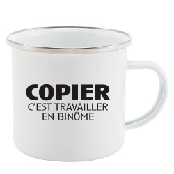Mug Tasse Rétro en métal émaillé imprimé humour citation Copier c'est travailler en binôme