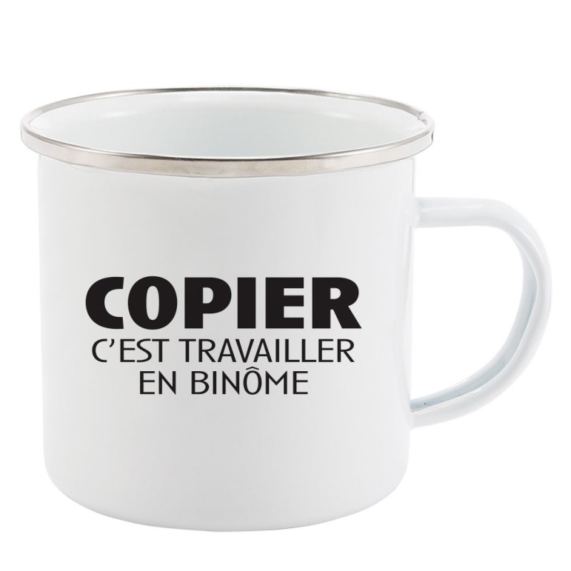 Mug Tasse Rétro en métal émaillé imprimé humour citation Copier c'est travailler en binôme