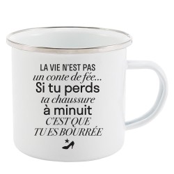 Mug Tasse Rétro en métal émaillé imprimé humour citation Conte de fée Si tu perds ta chaussure a minuit tu es bourrée