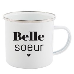 Mug Tasse Rétro en métal émaillé imprimé humour citation Belle soeur
