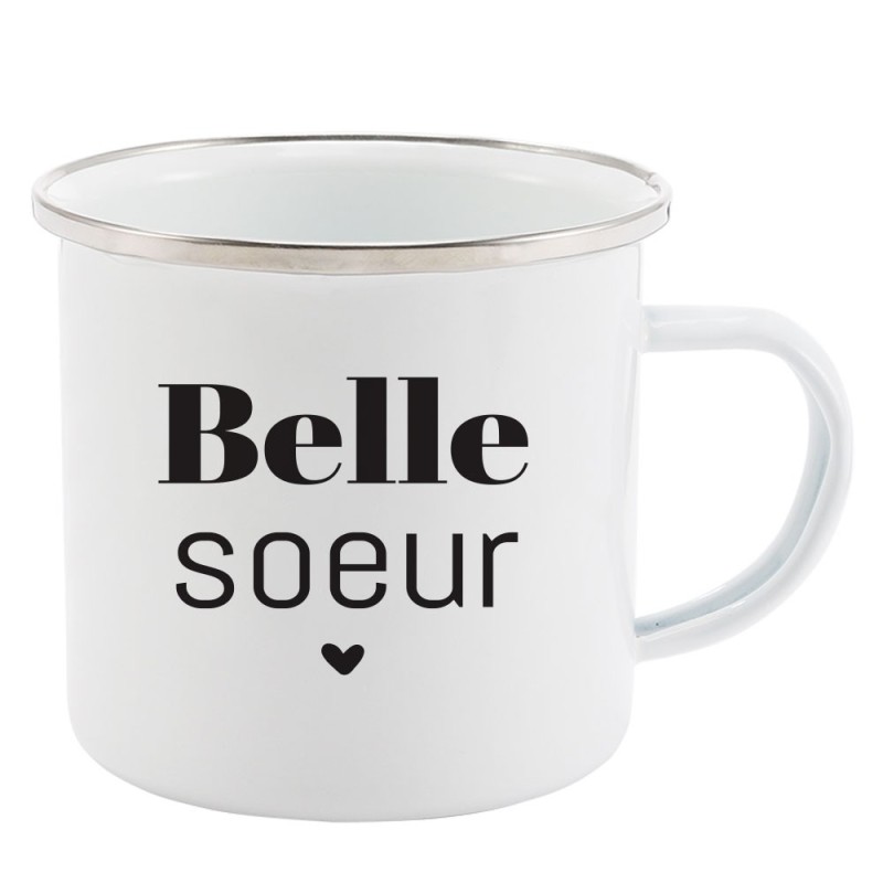 Mug Tasse Rétro en métal émaillé imprimé humour citation Belle soeur