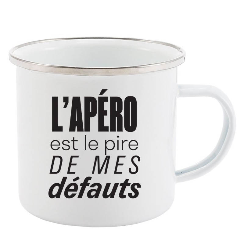 Mug Tasse Rétro en métal émaillé imprimé citation humour citation humour L'apéro est pire de mes défauts
