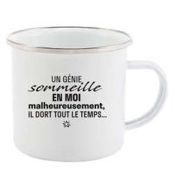 Mug Tasse Rétro en métal émaillé imprimé citation humour citation humour Un génie sommeille en moi malheureusement il dort