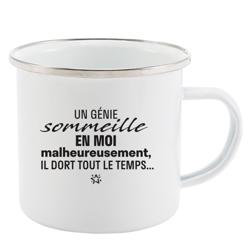 Mug Tasse Rétro en métal émaillé imprimé citation humour citation humour Un génie sommeille en moi malheureusement il dort