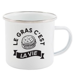 Mug Tasse Rétro en métal émaillé imprimé citation humour citation Le gras c'est la vie