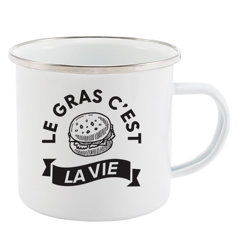 Mug Tasse Rétro en métal émaillé imprimé citation humour citation Le gras c'est la vie
