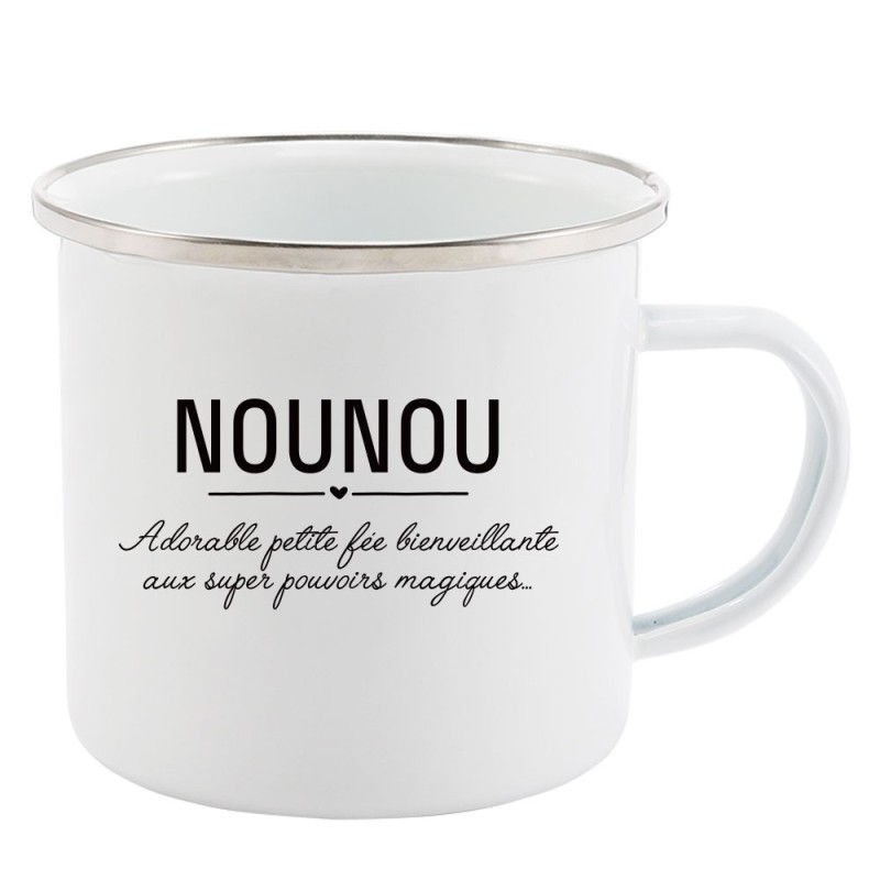 Mug Tasse Rétro en métal émaillé imprimé citation humour citation Nounou définition adorable petite fée bienveillante