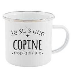 Mug Tasse Rétro en métal émaillé imprimé citation humour citation Je suis une copine trop géniale