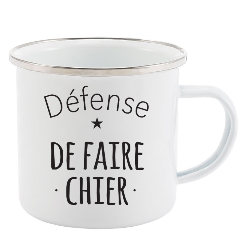 Mug Tasse Rétro en métal émaillé imprimé citation humour citation Défense de faire chier