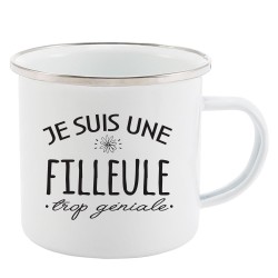 Mug Tasse Rétro en métal émaillé imprimé citation humour Je suis une filleule trop géniale
