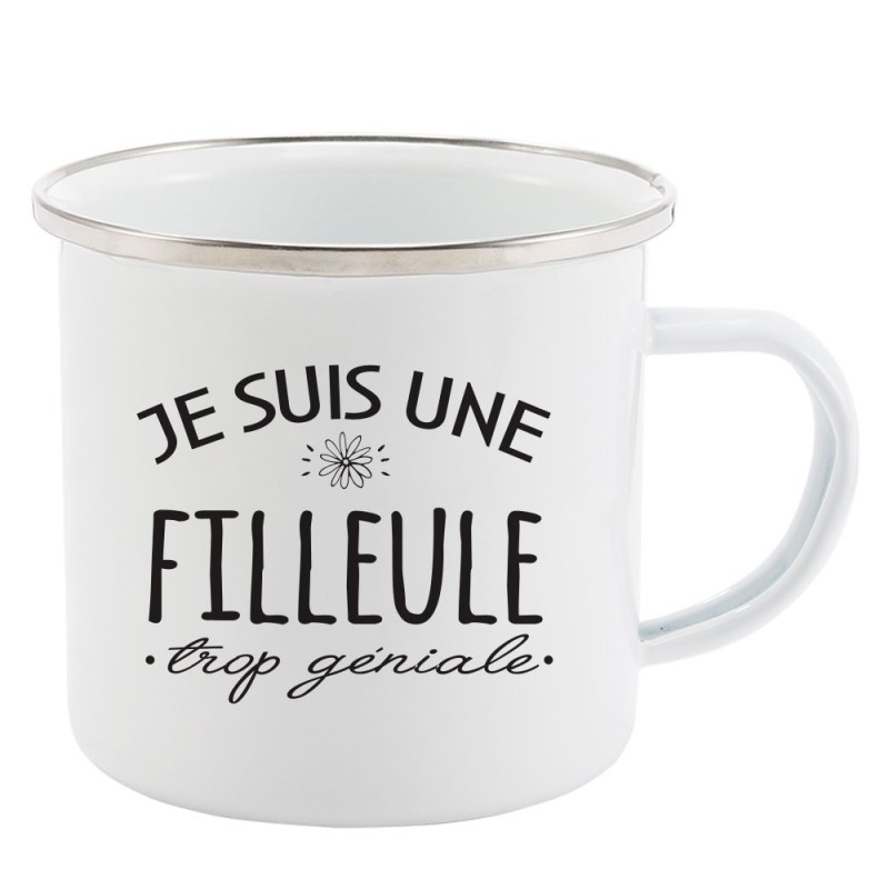 Mug Tasse Rétro en métal émaillé imprimé citation humour Je suis une filleule trop géniale