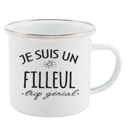 Mug Tasse Rétro en métal émaillé imprimé citation humour Je suis un filleul trop génial