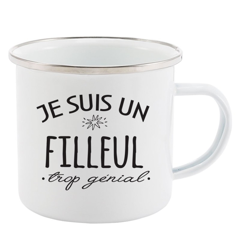 Mug Tasse Rétro en métal émaillé imprimé citation humour Je suis un filleul trop génial