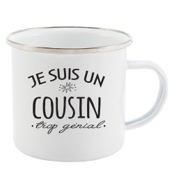 Mug Tasse Rétro en métal émaillé imprimé citation humour Je suis un cousin trop génial