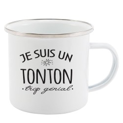 Mug Tasse Rétro en métal émaillé imprimé citation humour Je suis un tonton trop génial