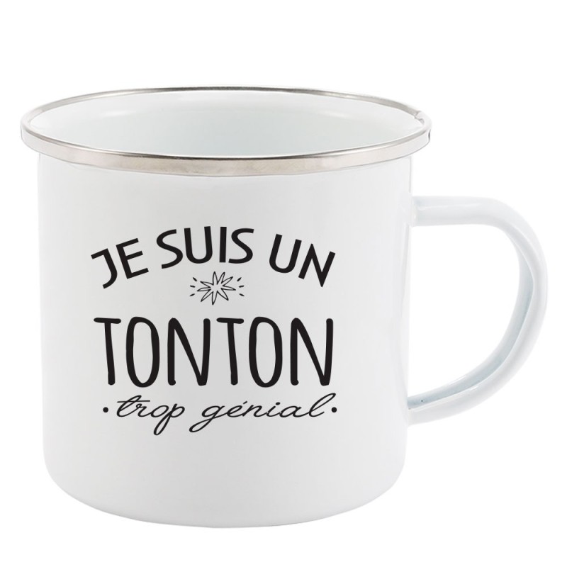 Mug Tasse Rétro en métal émaillé imprimé citation humour Je suis un tonton trop génial