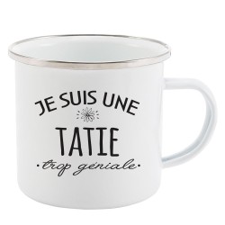 Mug Tasse Rétro en métal émaillé imprimé citation humour Je suis une tatie trop géniale