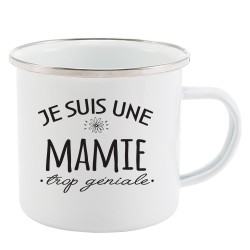Mug Tasse Rétro en métal émaillé imprimé citation humour Je suis une mamie trop géniale