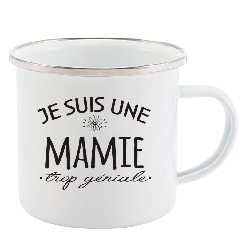 Mug Tasse Rétro en métal émaillé imprimé citation humour Je suis une mamie trop géniale