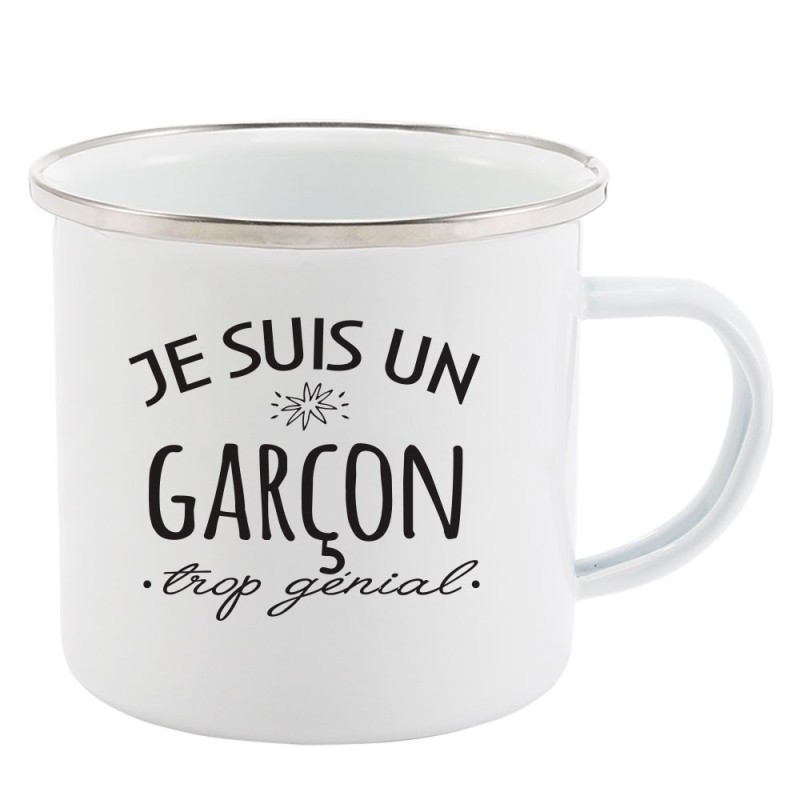 Mug Tasse Rétro en métal émaillé imprimé citation humour Je suis un garçon trop génial
